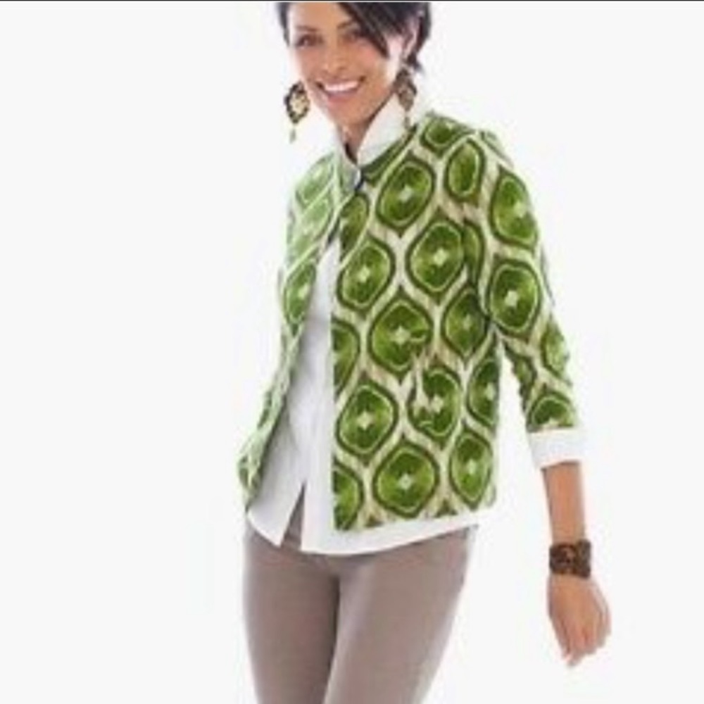 Chico’s IKAT modern green printed linen blazer